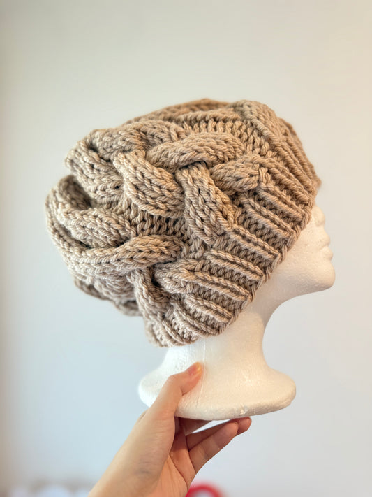 Hand knit Chunky Cable Slouchy Beanie | Knit Beret | Slouchy Hat in beige colour| Knit beanie in charcoal | Fluffy and cozy winter hat