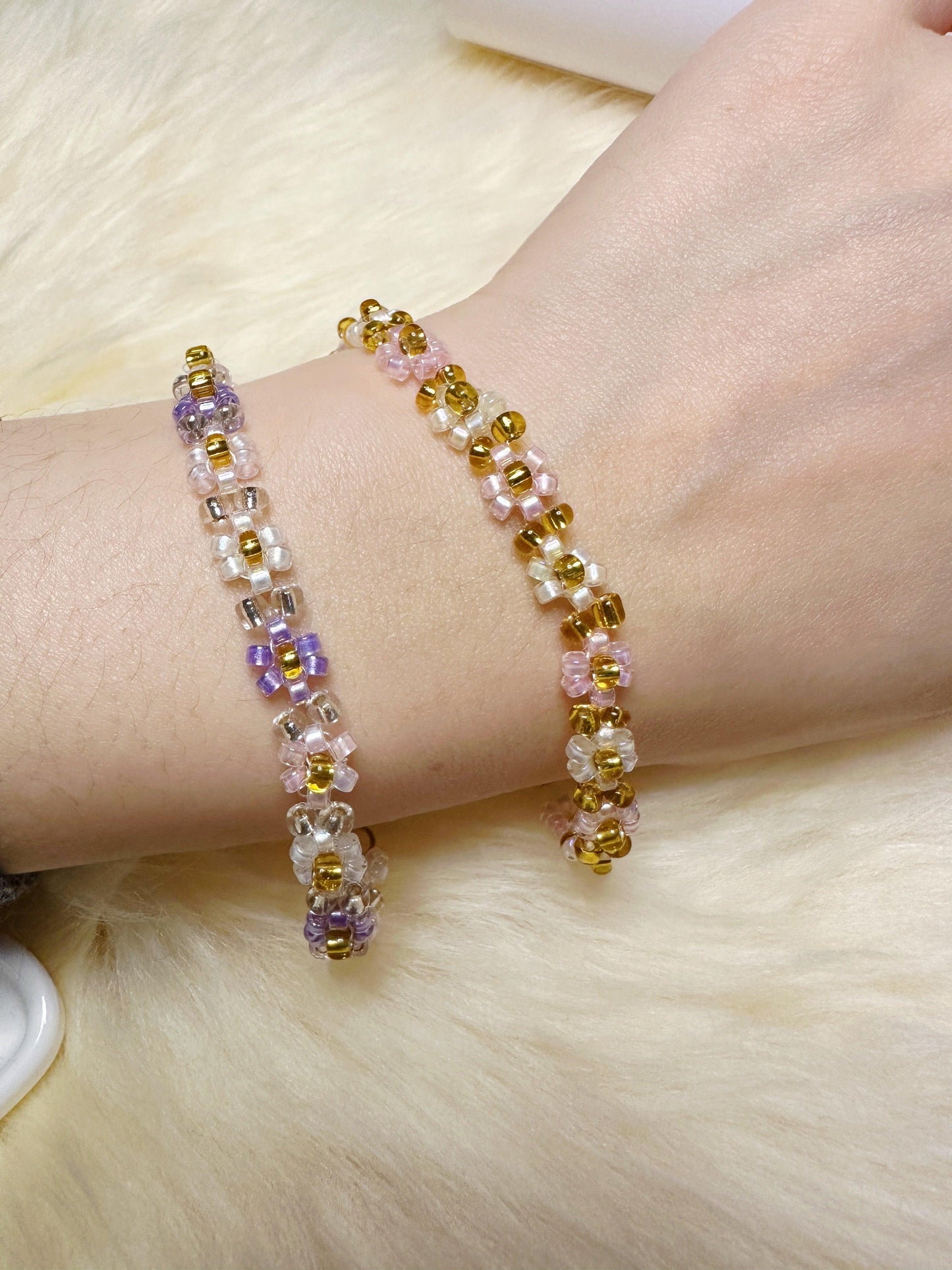 Pink or Purple Beaded bracelet with daisy pattern | golden colour chain | shinny decor bracelet |