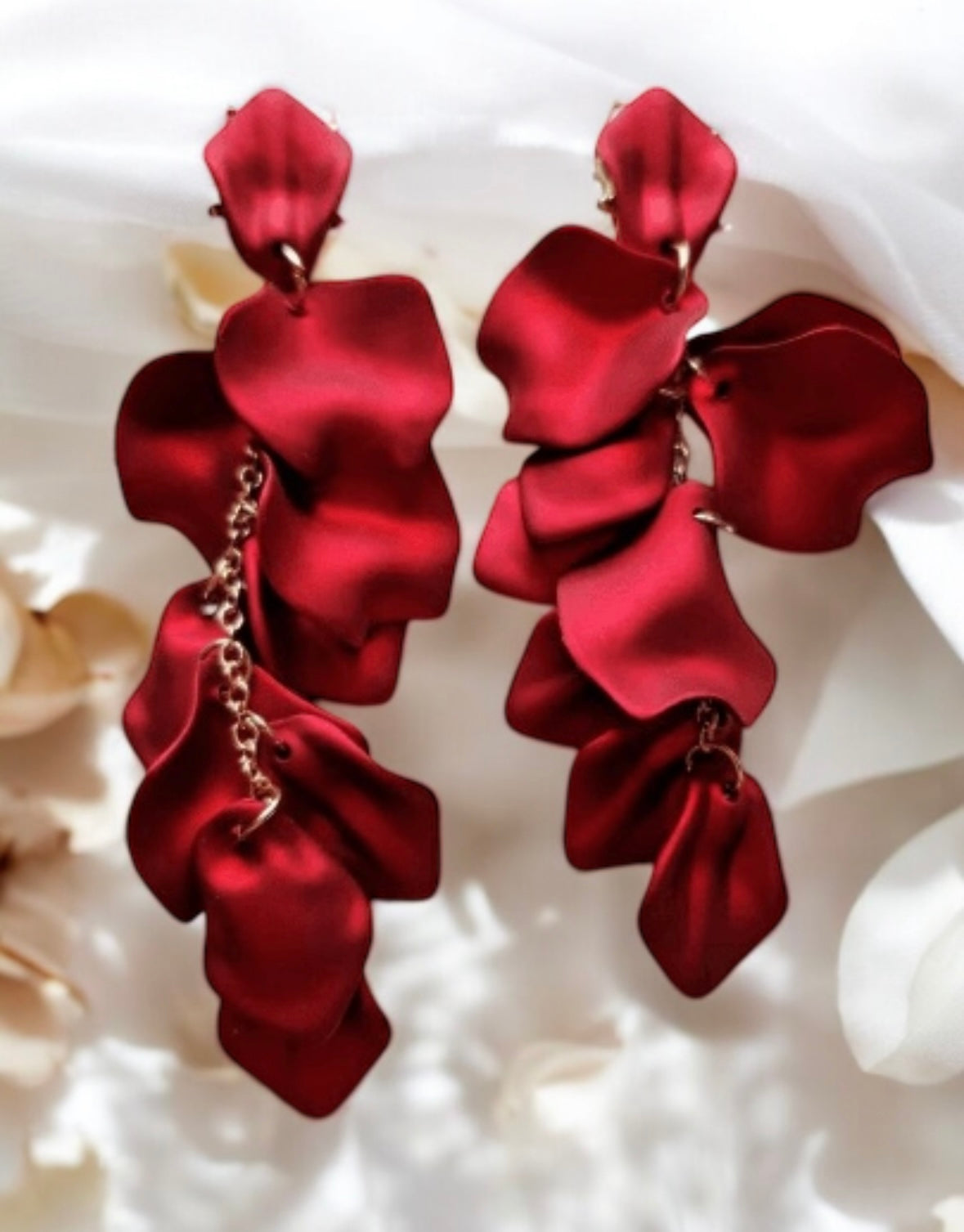 Hot red iridescent flower earrings | dangle petals baroque earrings | unique golden floral earrings | bridal party wedding earrings