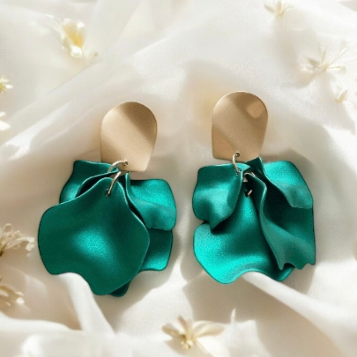 Emerald green iridescent flower earrings |dangly earrings | frosted petals hoop statement earrings | unique gold geometric floral earrings