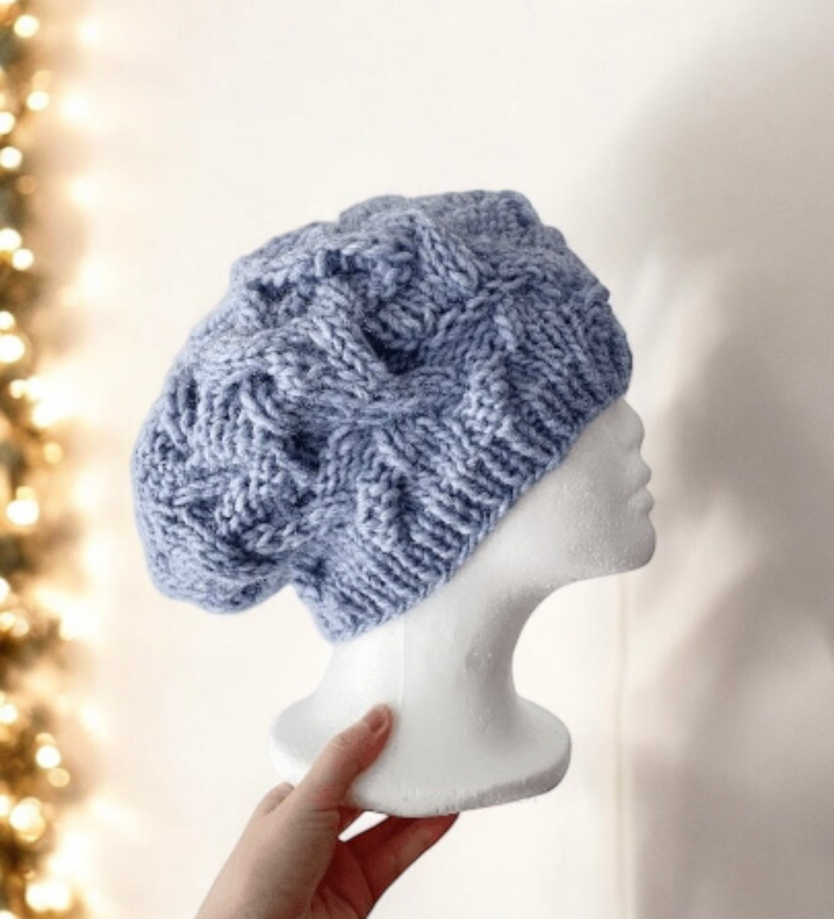 Handknit Cable Slouchy Beanie | Knit Beret | Slouchy Hat in blue colour| Knit beanie in ice blue | Fluffy and cozy winter hat