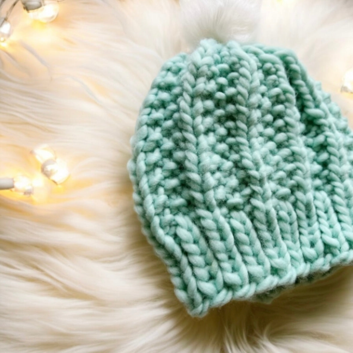 Super chunky faux fur pompom slouchy hat | knit winter beanie | cozy warm knit hat | mint green colour hat