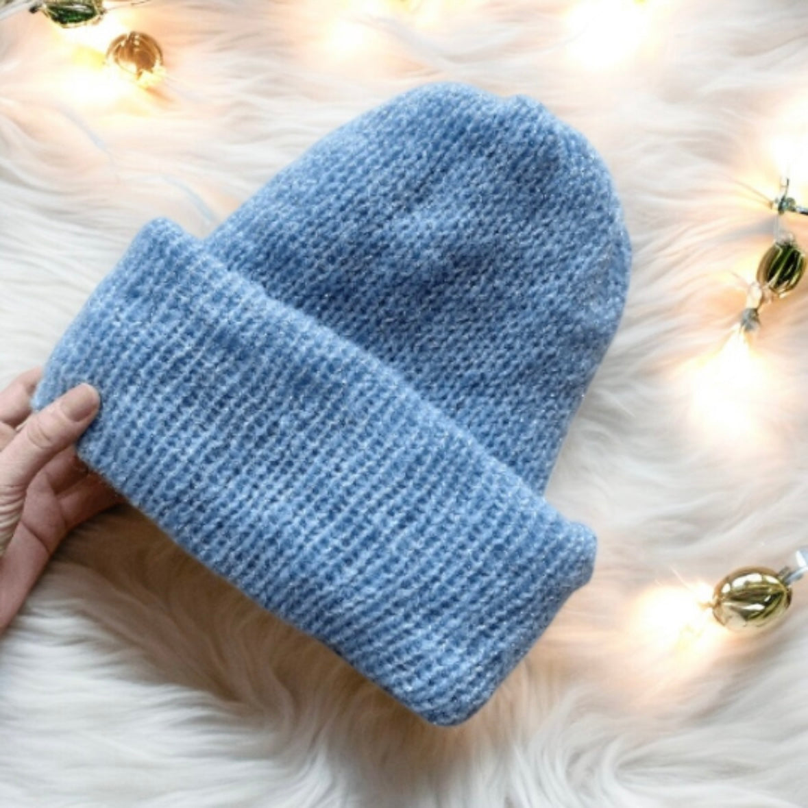 Handmade Double layered knit Beanie | Knit Beret | Slouchy Hat in ice blue glitter | Knit beanie in blue mix | Fluffy and cozy winter hat