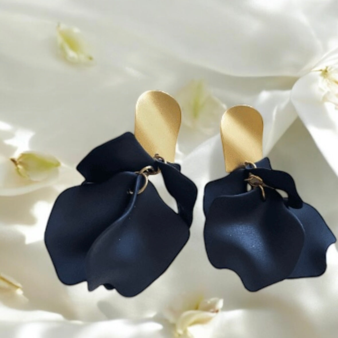 Pure black flower earrings |dangly earrings | matte petals bar statement earrings | unique gold bridal floral earrings