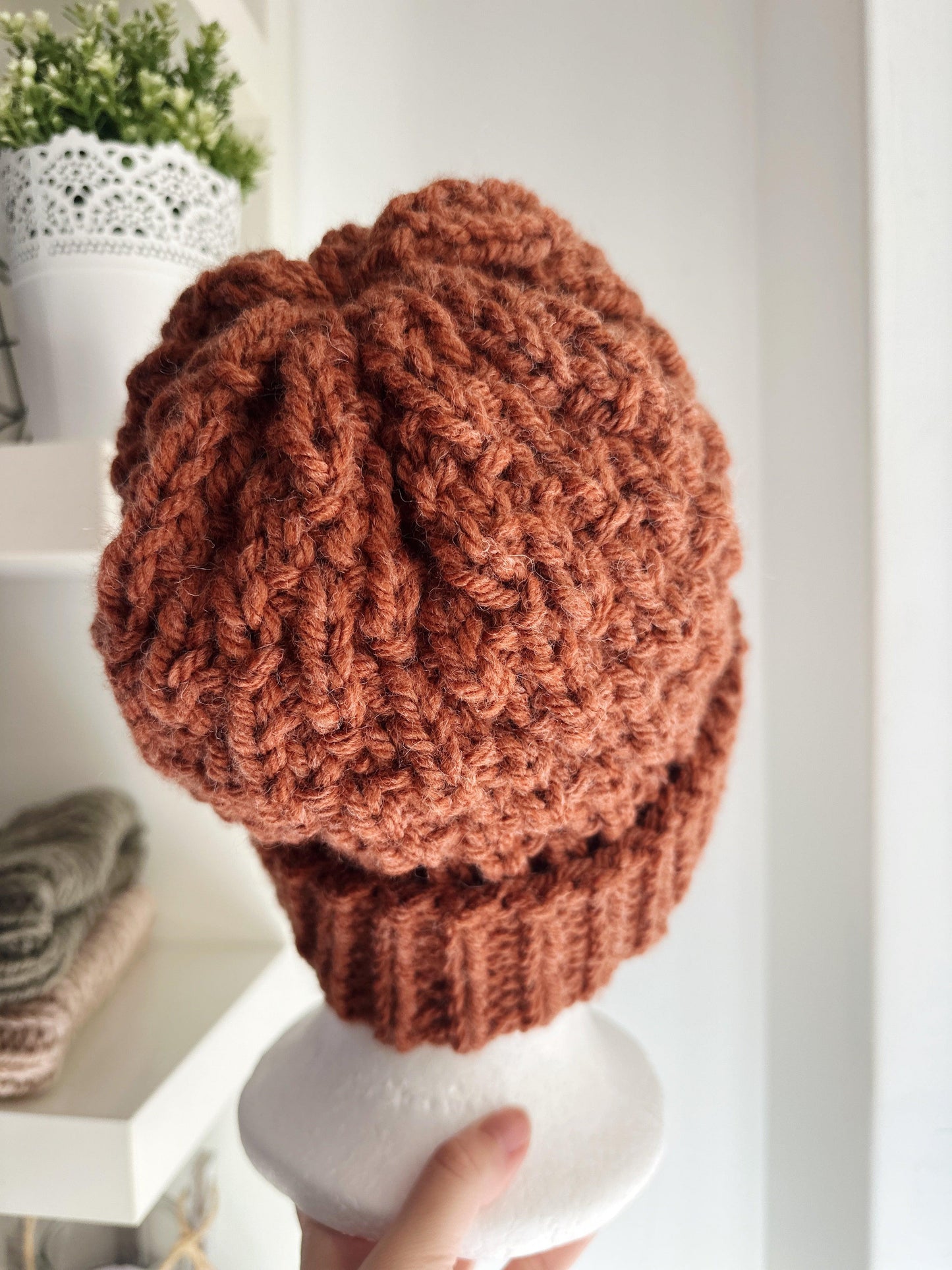 Handknit Chunky Patterned Beanie | Knit Beret | Foldable brim in saffron | Knit beanie in coffee | Fluffy and cozy winter hat