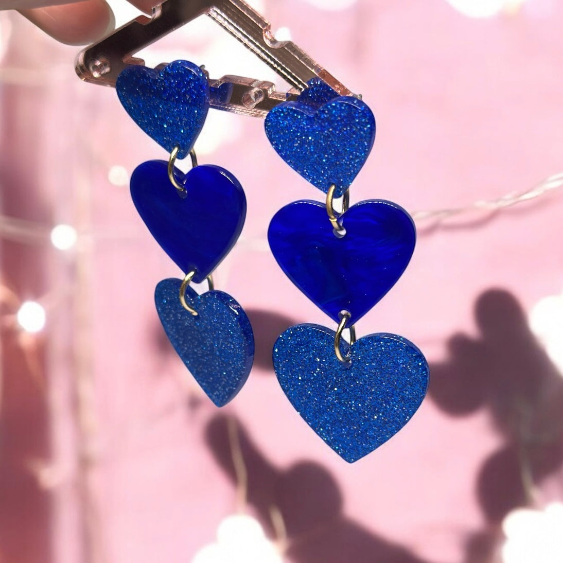 I Heart You | red blue resin triplet heart dangle earrings | Korean earrings | Pink shell earrings | Love Heart drop earrings | valentine