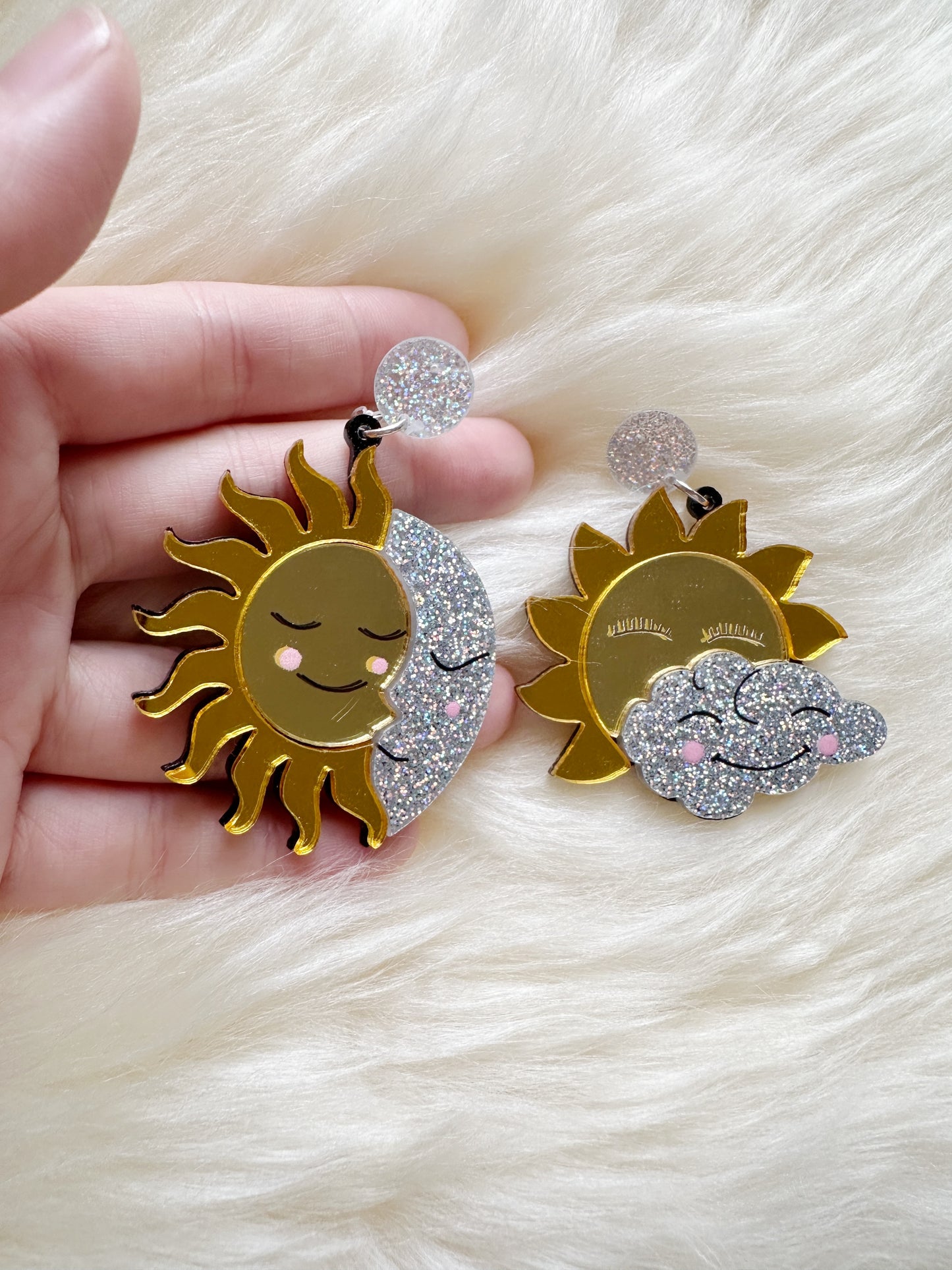 Sun and moon earrings | cloud iridescent earrings | galaxy earrings | shinny quirky fun cute earrings - TuttyKnitty