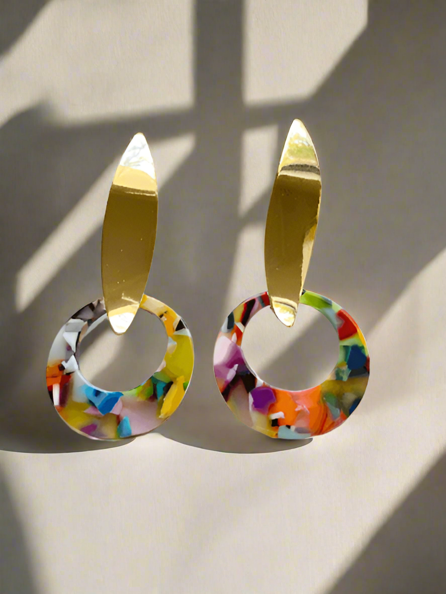 Geometric hoop shaped earrings | Marble effect Resin earrings | lucite acetate tortoiseshell | rainbow multicolour drops dangle earrings