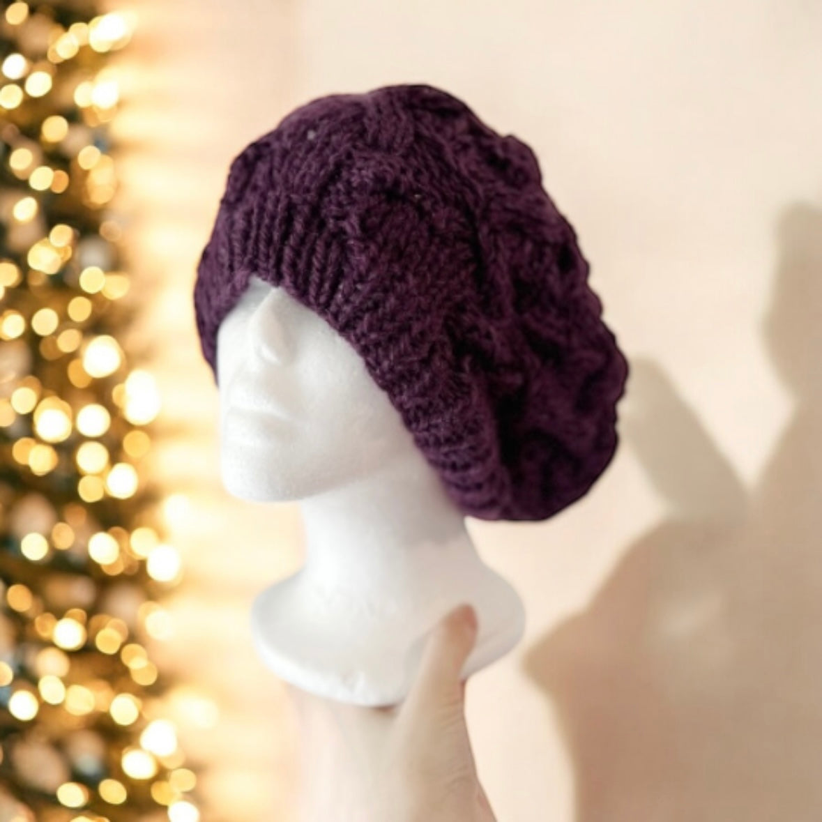 Handknit Cable Slouchy Beanie | Knit Beret | Slouchy Hat in berry wine purple | Knit beanie fluffy wool cozy winter hat