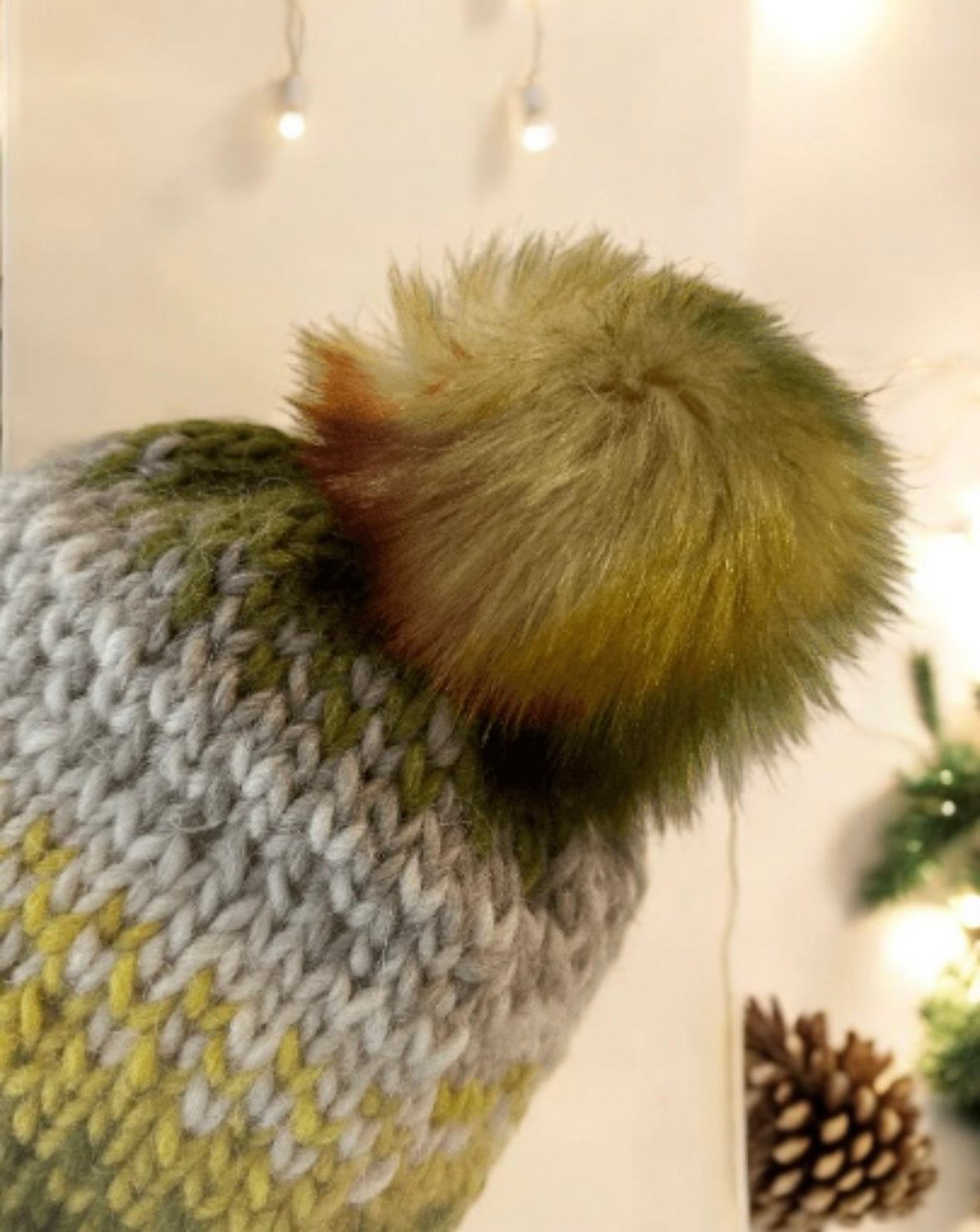 Handknit chunky Beanie | alpaca wool Beanie | large Fur Pom Pom Hat | Winter knit hat | Earthy green yellow slouchy hat