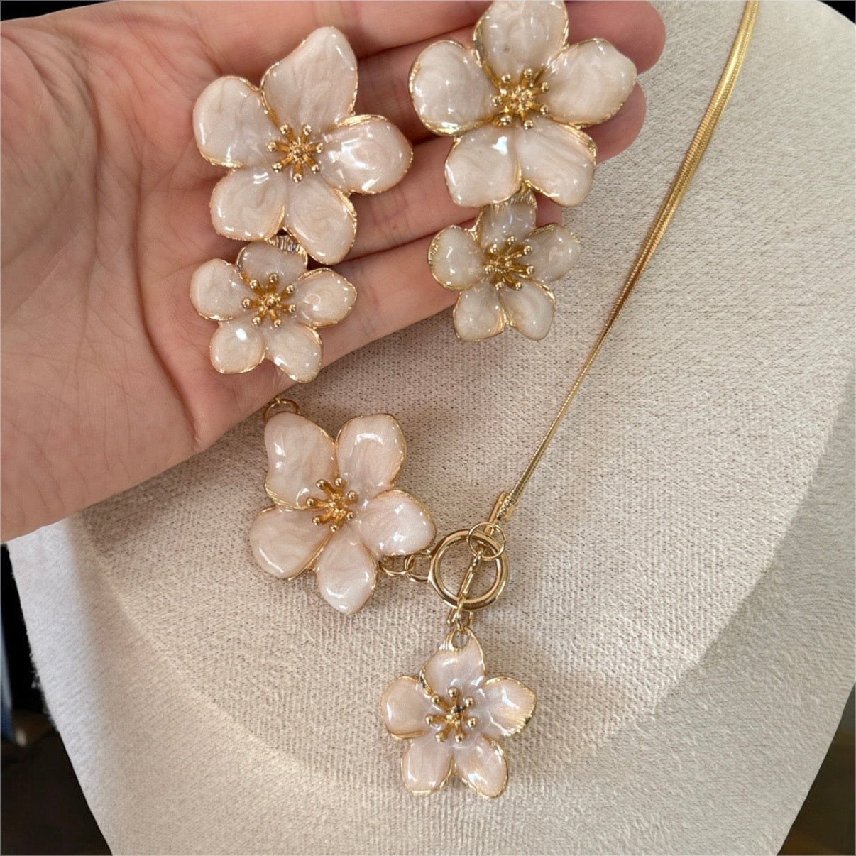 Gold tone flower pendant necklace with pearl flowers with gold chain and earrings set