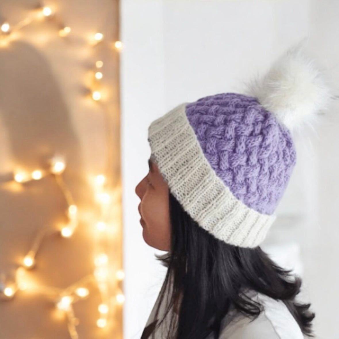 Cable beanie with Fur Pom Pom in Light Purple | Lilac - Knit Cable beanie - Knit winter Hat - Pom Pom knit hat - beanie