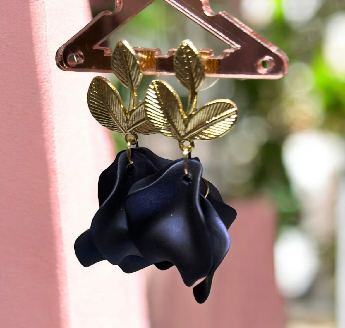 Navy iridescent flower earrings | golden leaf style earrings