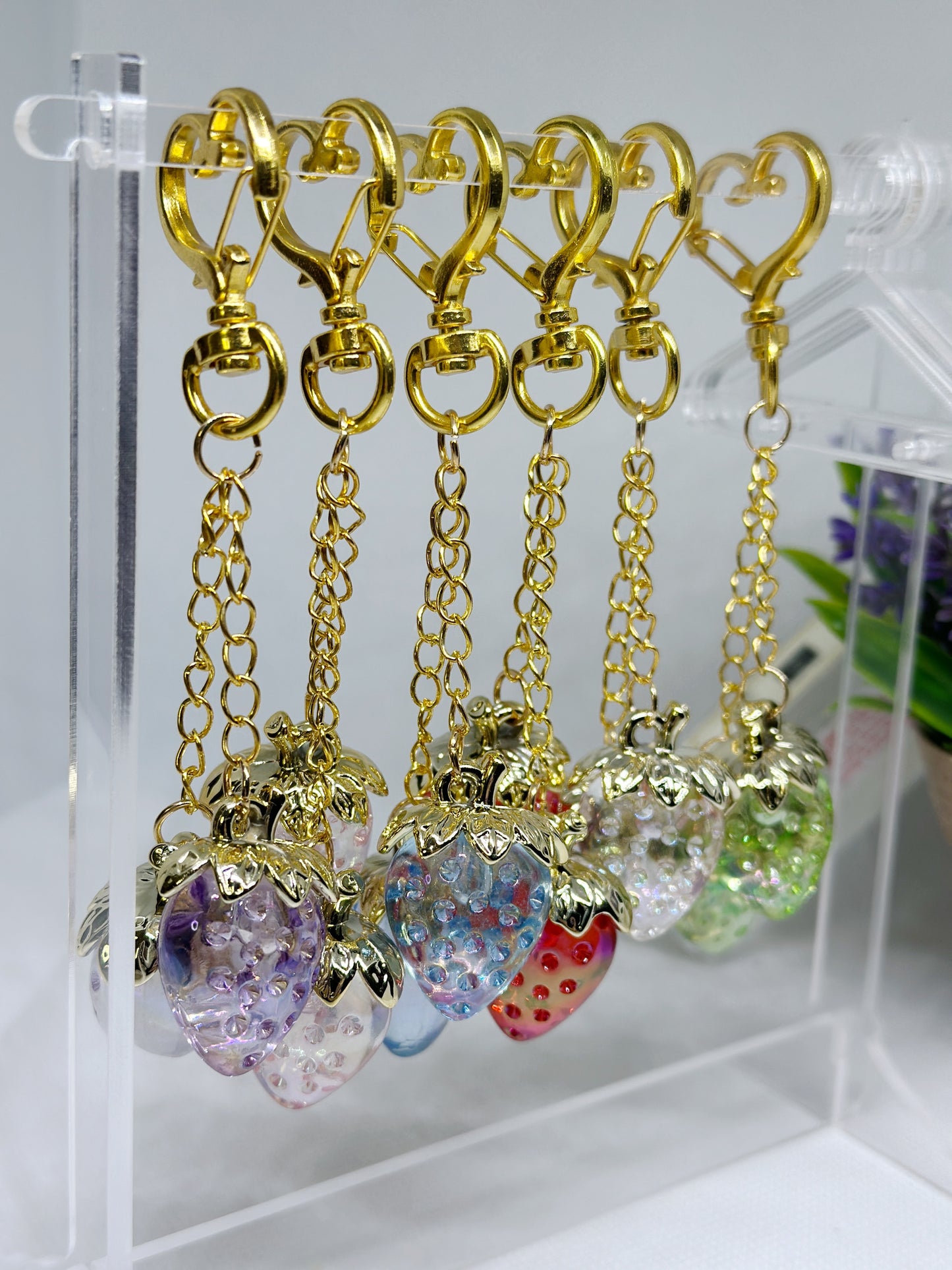 Strawberry bag charm | key chain | golden chain with heart bucket | y2k chain | bag lover gift