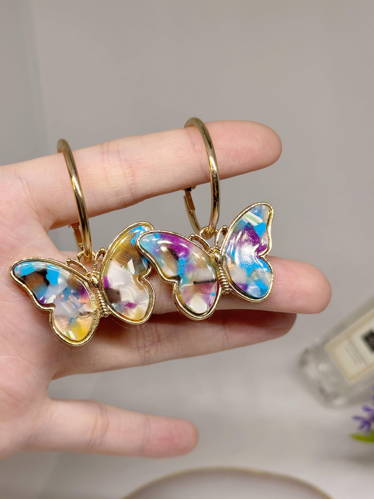 Rainbow coloured butterfly fairy wings earrings | Dangle aesthetic earrings | cicada wing decor party earrings