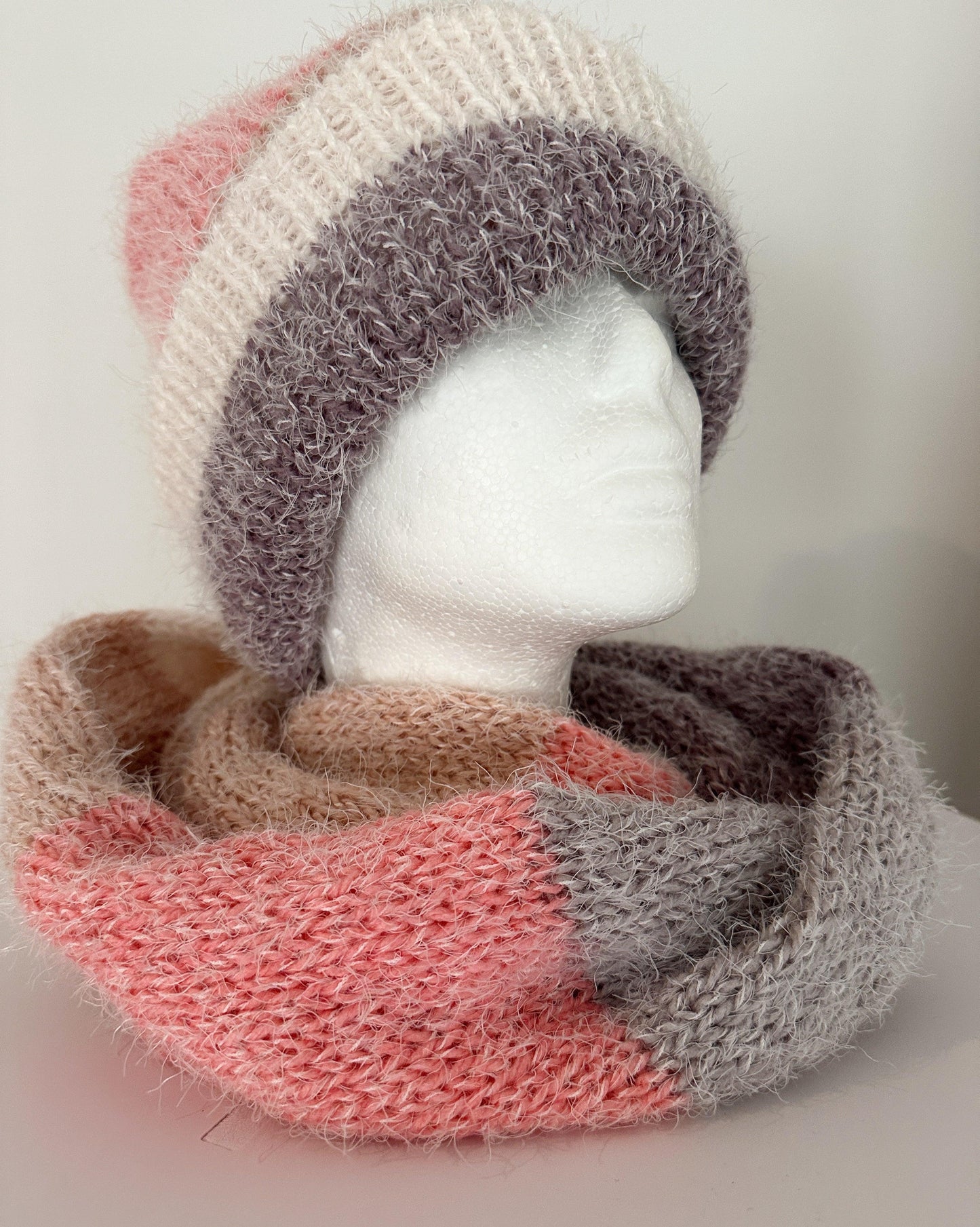 Handmade Double layered Knit beanie and circular scarf set | Winter Knit Hat foldable | matching scarf | soft and cozy (pink)