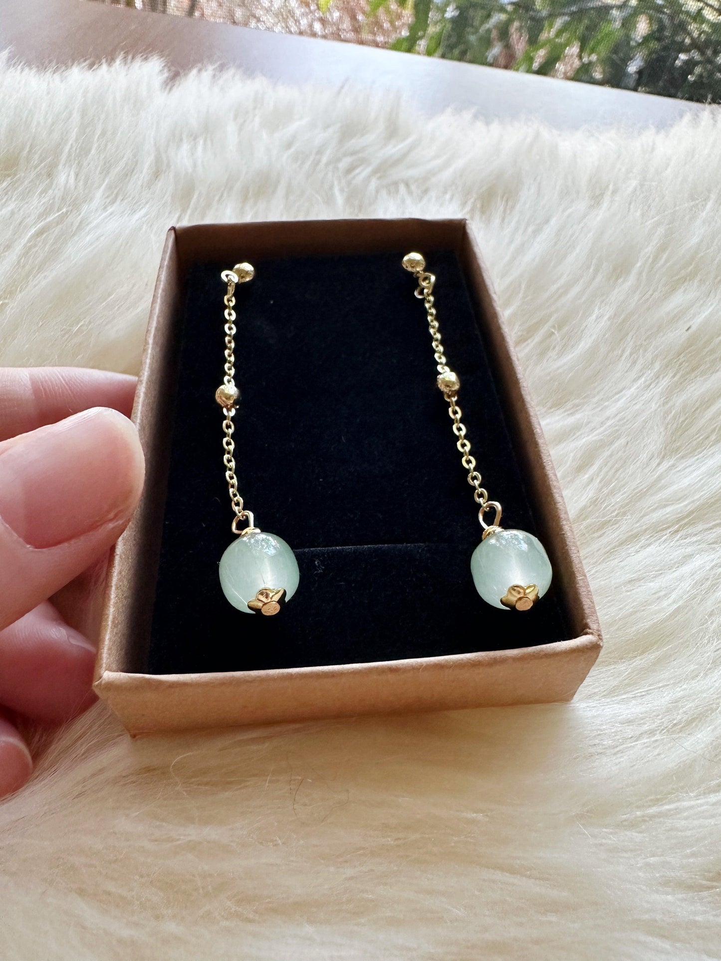 Gold statement earrings with pearl and stone |dangle pearl drop earrings | translucent green stone drop earrings | Korean dangly beads earrings