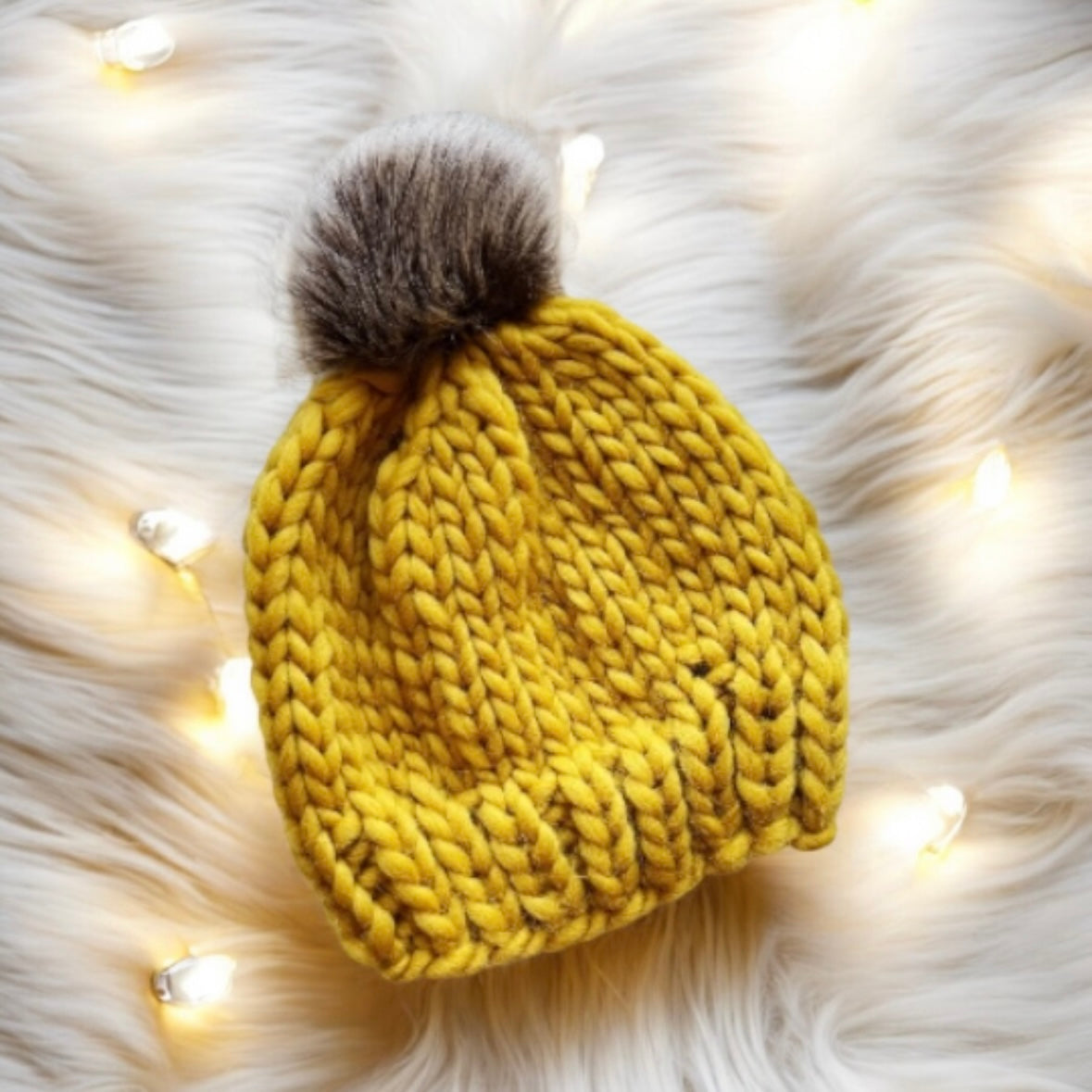 Super chunky faux fur pompom slouchy hat | knit winter beanie | cozy warm knit hat | super soft merino mustard yellow hat