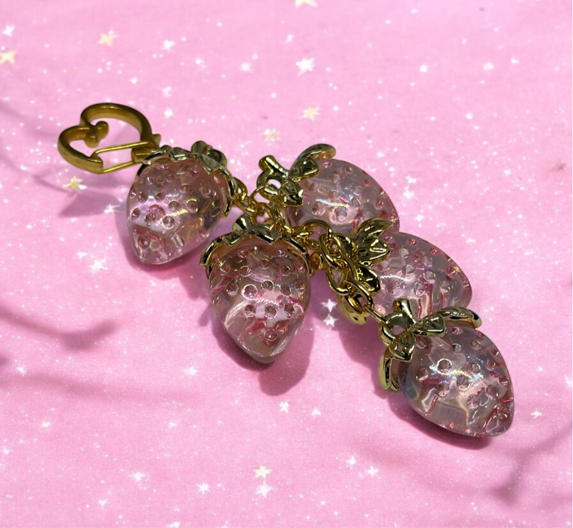 Strawberry bag charm | key chain | golden chain with heart bucket | y2k chain | bag lover gift | lux keychain