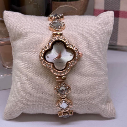 Golden clover shaped watch with clear rhinestone