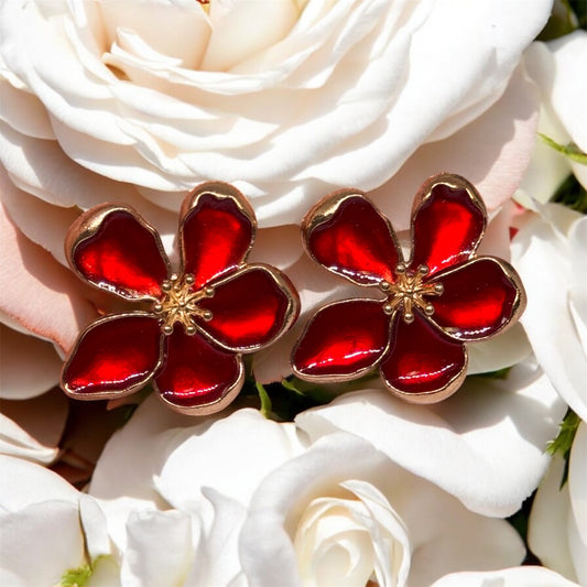 Floral - Blossom red Flower Gold statement earrings | modern stud earrings | floral geometric earrings | Korean earrings