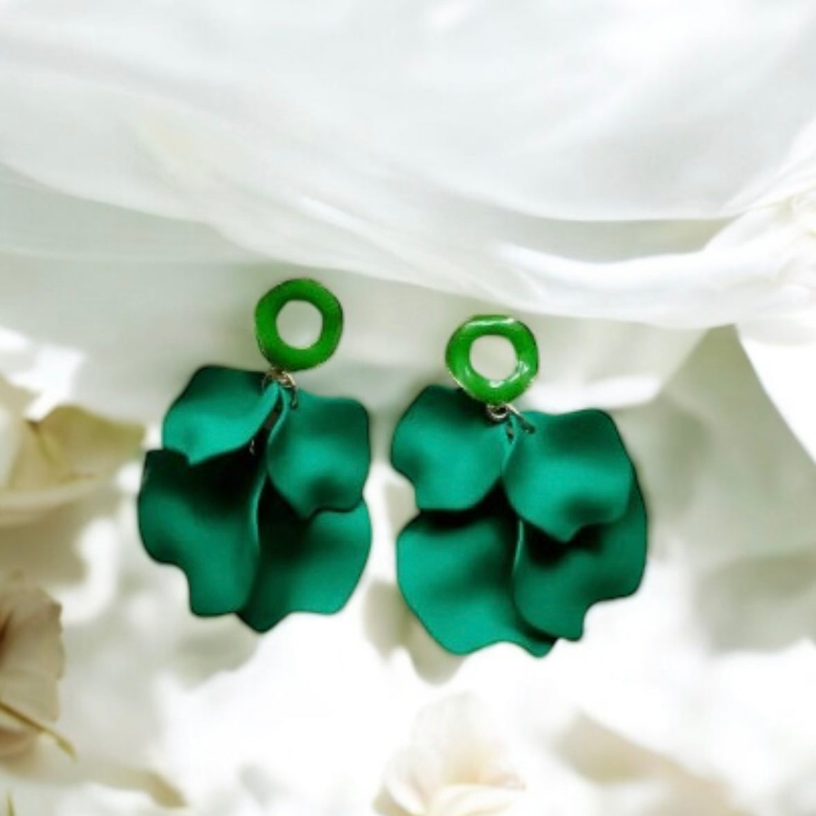 Bright green flower earrings | dangle petals statement earrings | unique golden bar floral earrings | bridal party wedding earrings