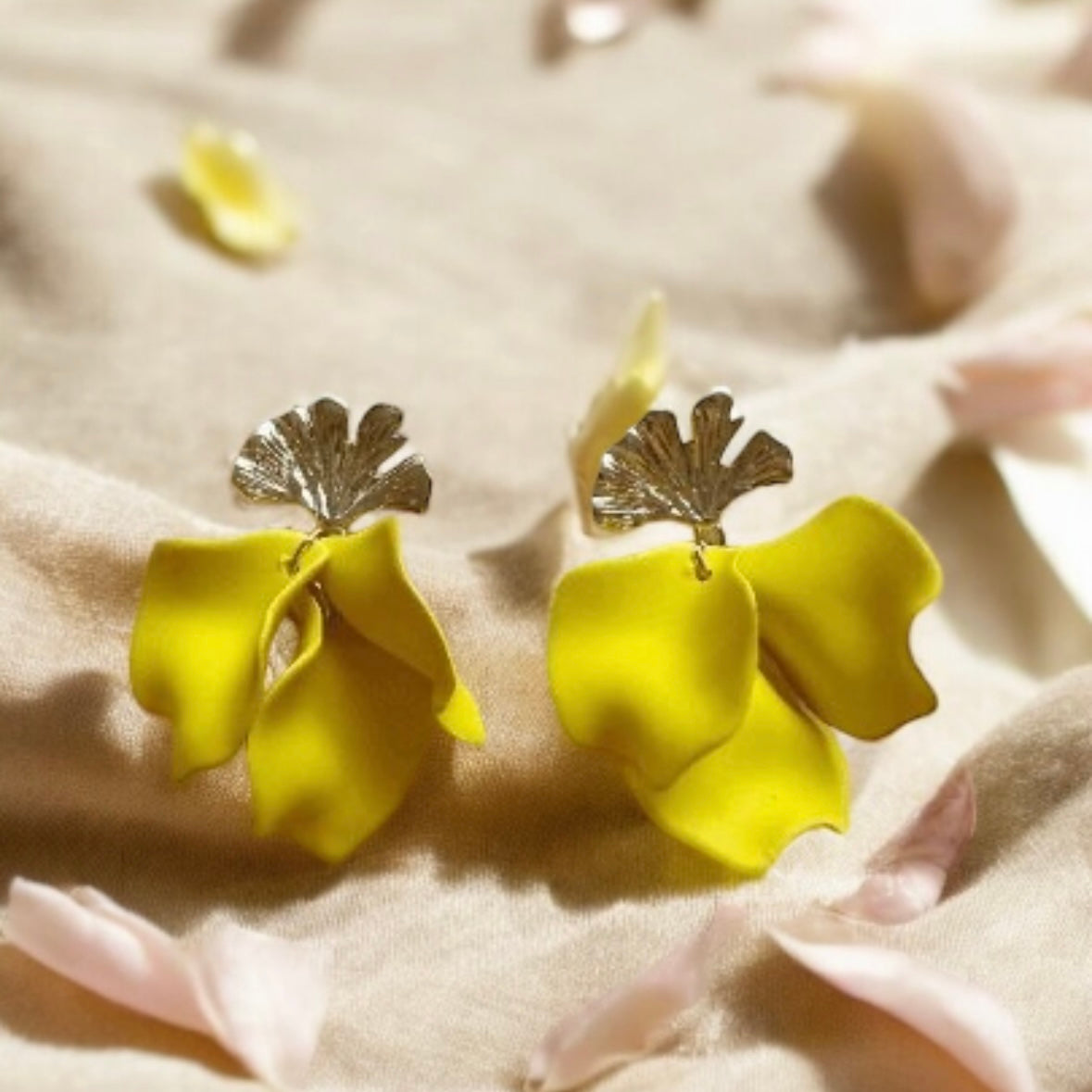 Bright yellow flower earrings | dangle petal lightweight earrings | golden ginkgo leaf earrings | bridal party wedding earrings