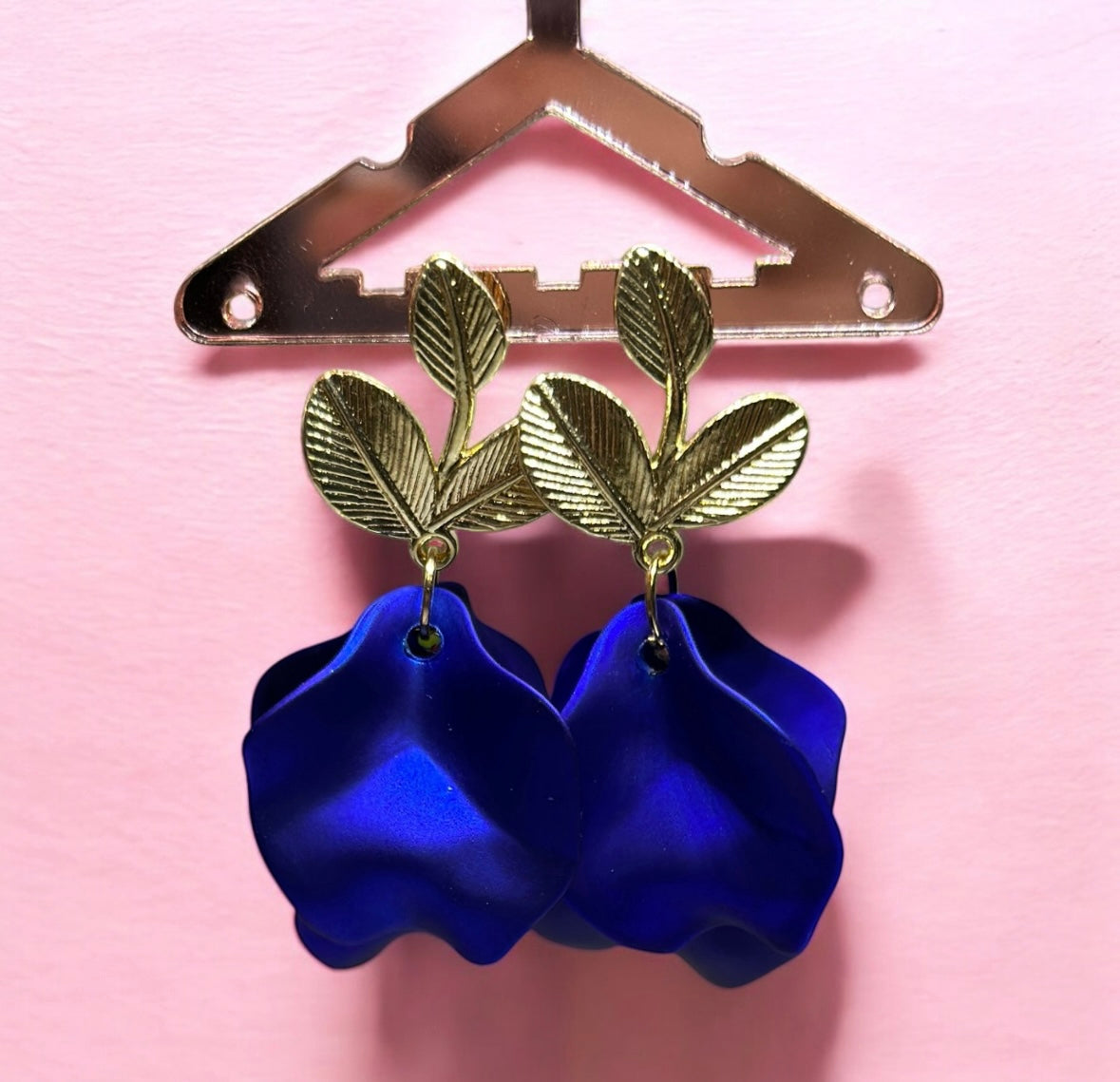 Royal blue iridescent flower earrings | golden leaf style