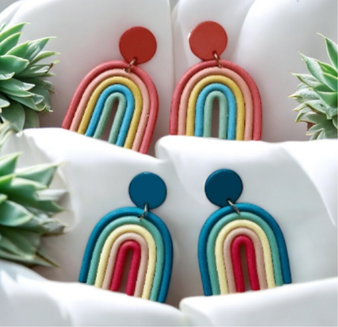 Pastel red or blue Rainbow U shaped earrings | boho style earrings | funky pop art earrings | acrylic art earrings