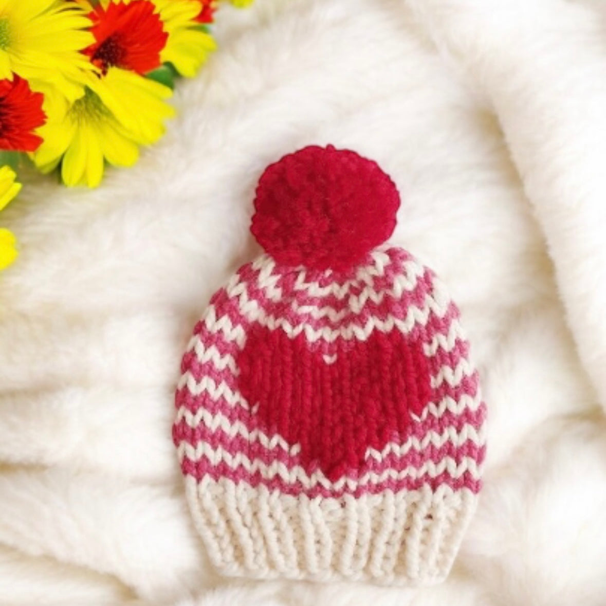 Hand knit Raspberry Love Heart and stripes pompom hat | Baby Toddler beanie |Chunky Pom Pom Hat | Knit winter hat | Baby gift