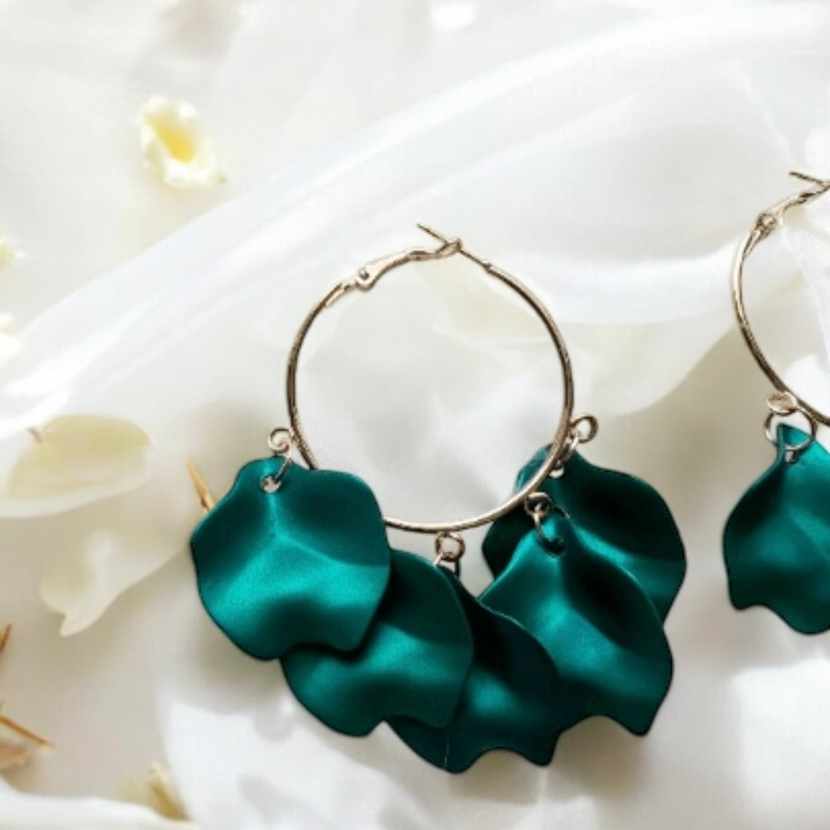 Emerald green flower earrings | hoop petals earrings| iridescent statement earrings | gold floral earrings | bridal party wedding earrings