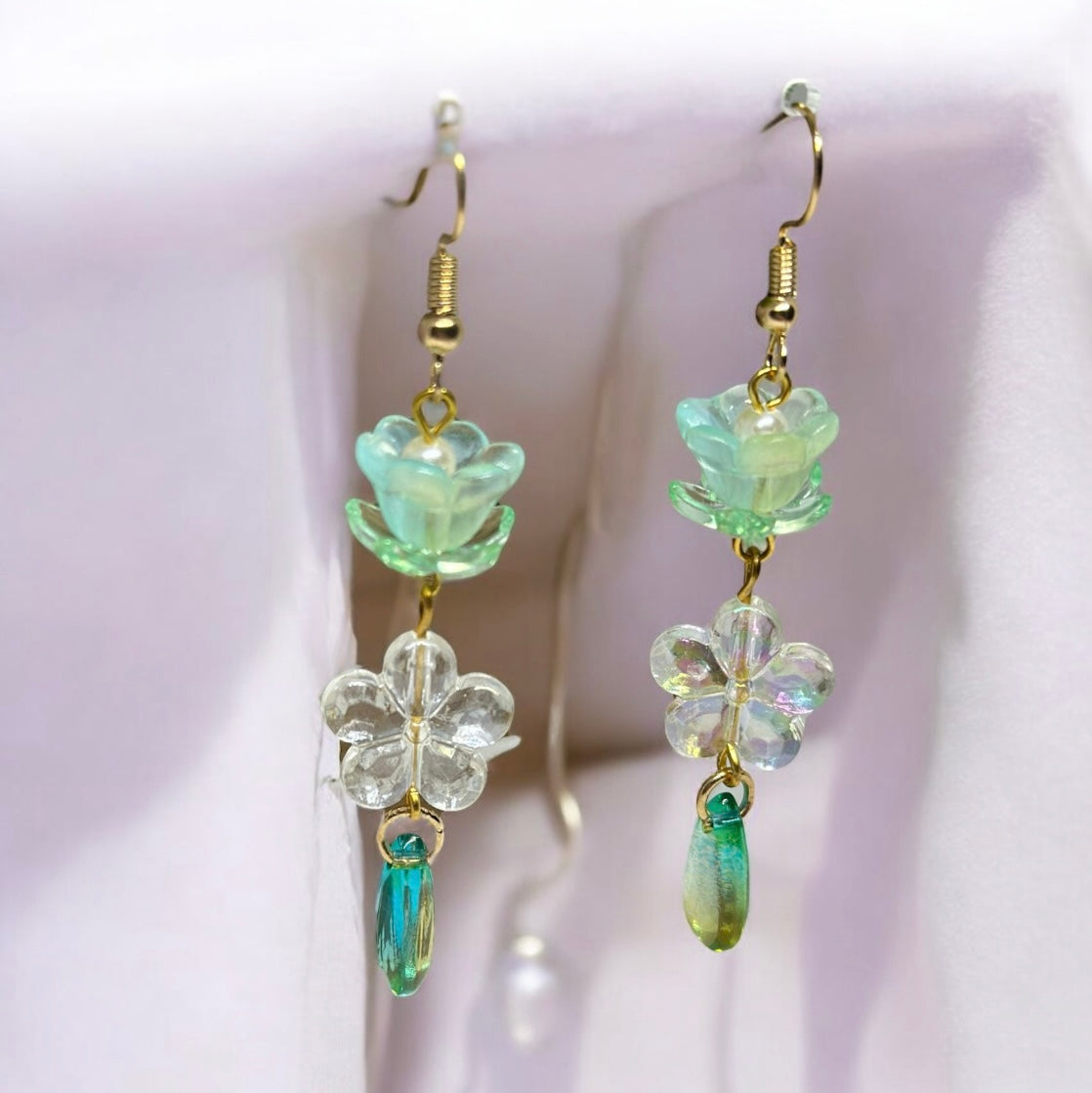 Mint green flower earrings | golden leaf mini flower earrings | elegant floral dangle chain earrings