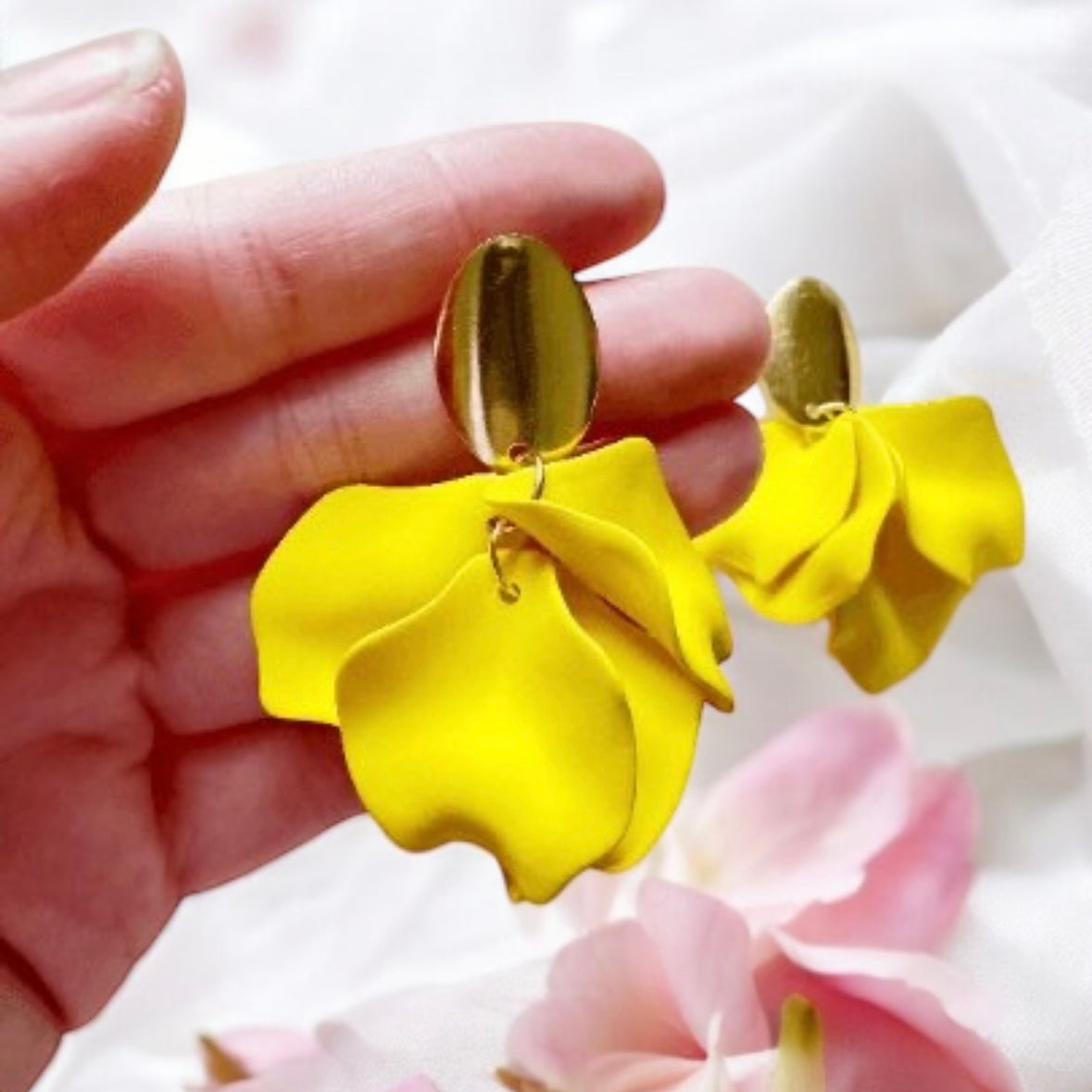 Bright yellow flower earrings | matte petals earrings | golden floral unique statement earrings| bridal party wedding earrings