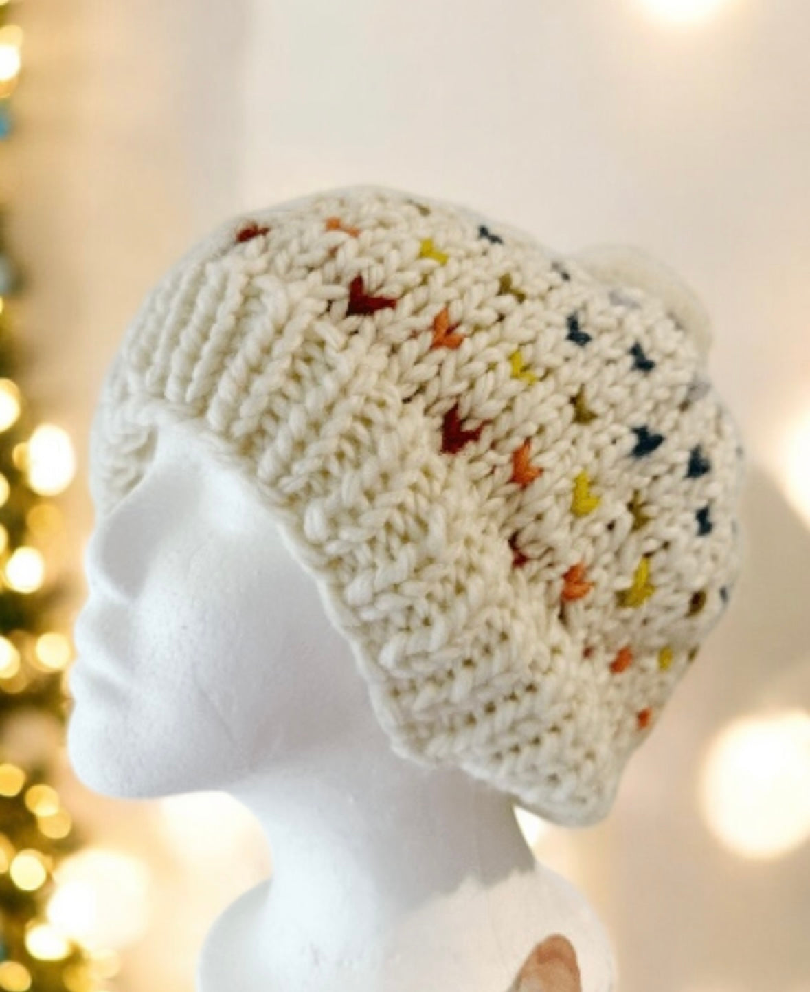 Handknit colourful dots pompom Beanie | rainbow candy colour hat | chuncky white beanie | Colour of Autumn season