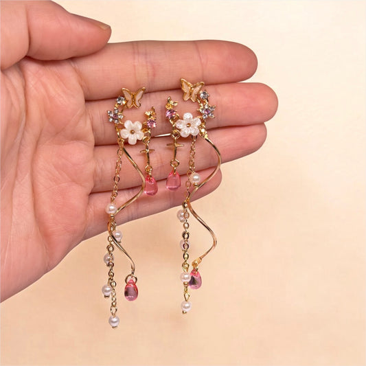 Whimsical - pink butterfly rhinestone flower earrings