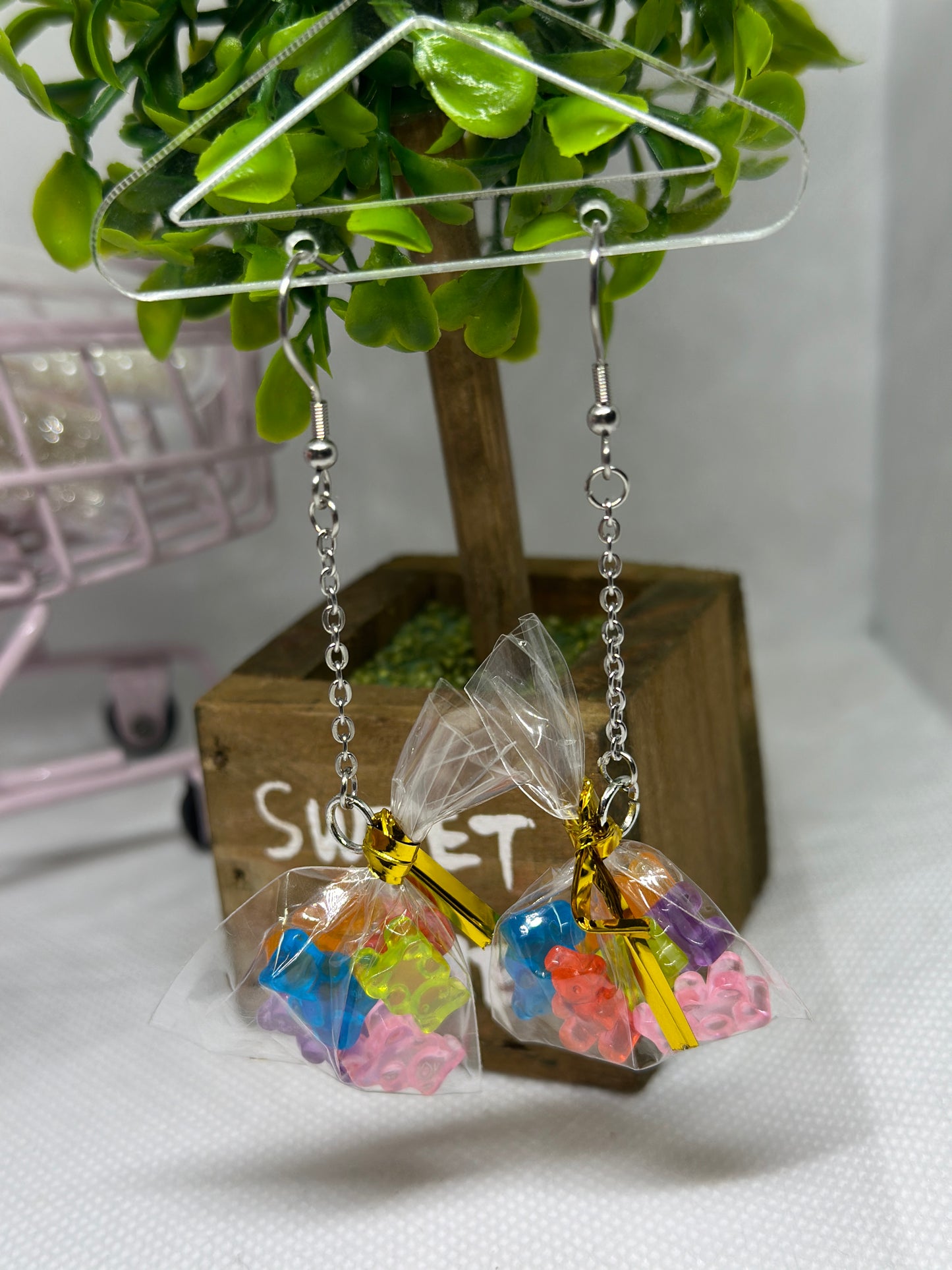 A bag of gummies | miniature candy bag earrings | fun cute art earrings | long dangle earrings