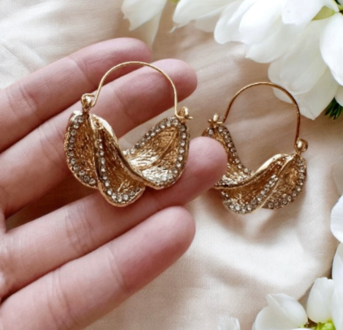 Rhinestone irregular shaped earrings| metal geometric earrings | gold art abstract statement stud earrings | open hoop O twisted earrings