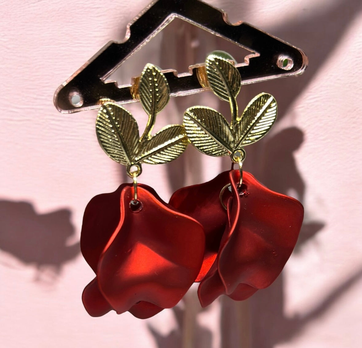 Hot red iridescent flower earrings | golden leaf style