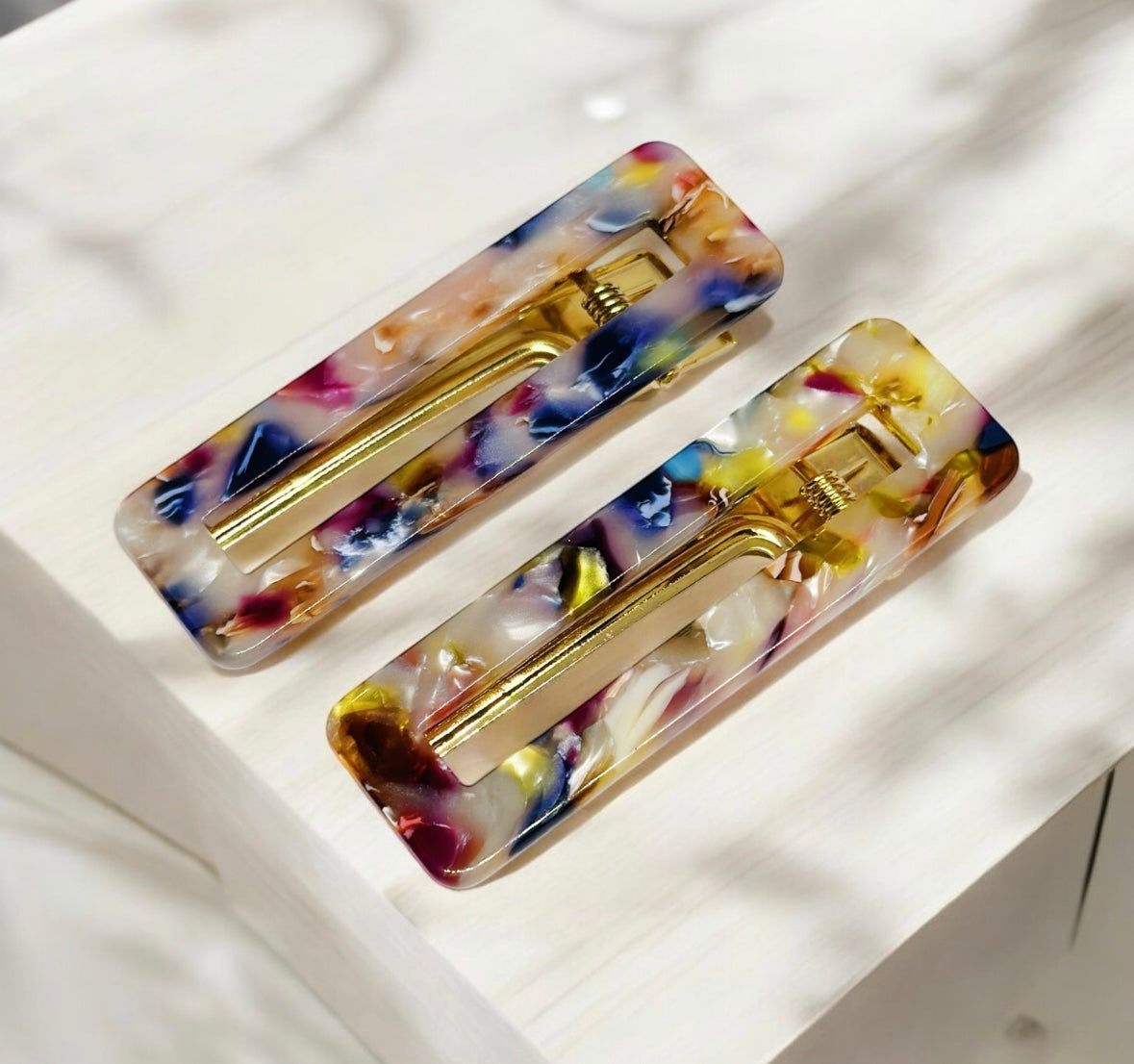 Colourful resin tortoise shell barrette clips in pairs | foil glitter flecks hair clips | confetti bright rainbow multicolour acetate clip