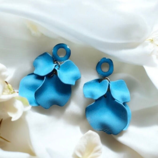 Blue flower earrings |dangly earrings | frosted petals hoop statement earrings | golden disc geometric floral bridal earrings