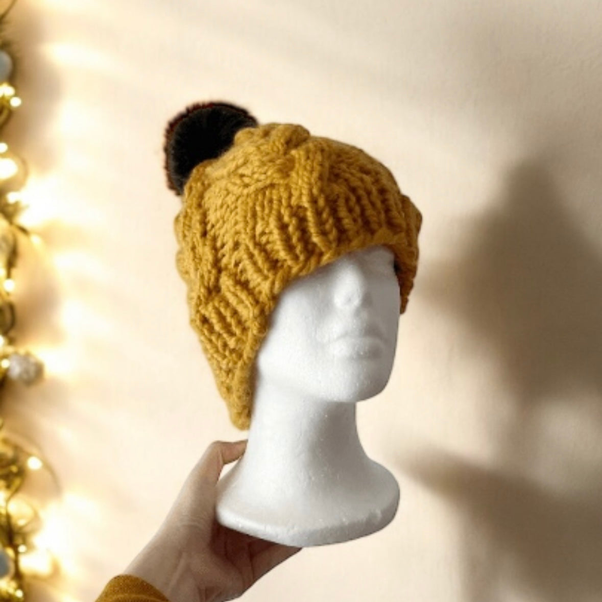 Handknit Chunky Cable Beanie | Knit Beret | Slouchy Hat in mustard | Knit beanie in yellow | Fluffy cozy fur pom pom winter hat