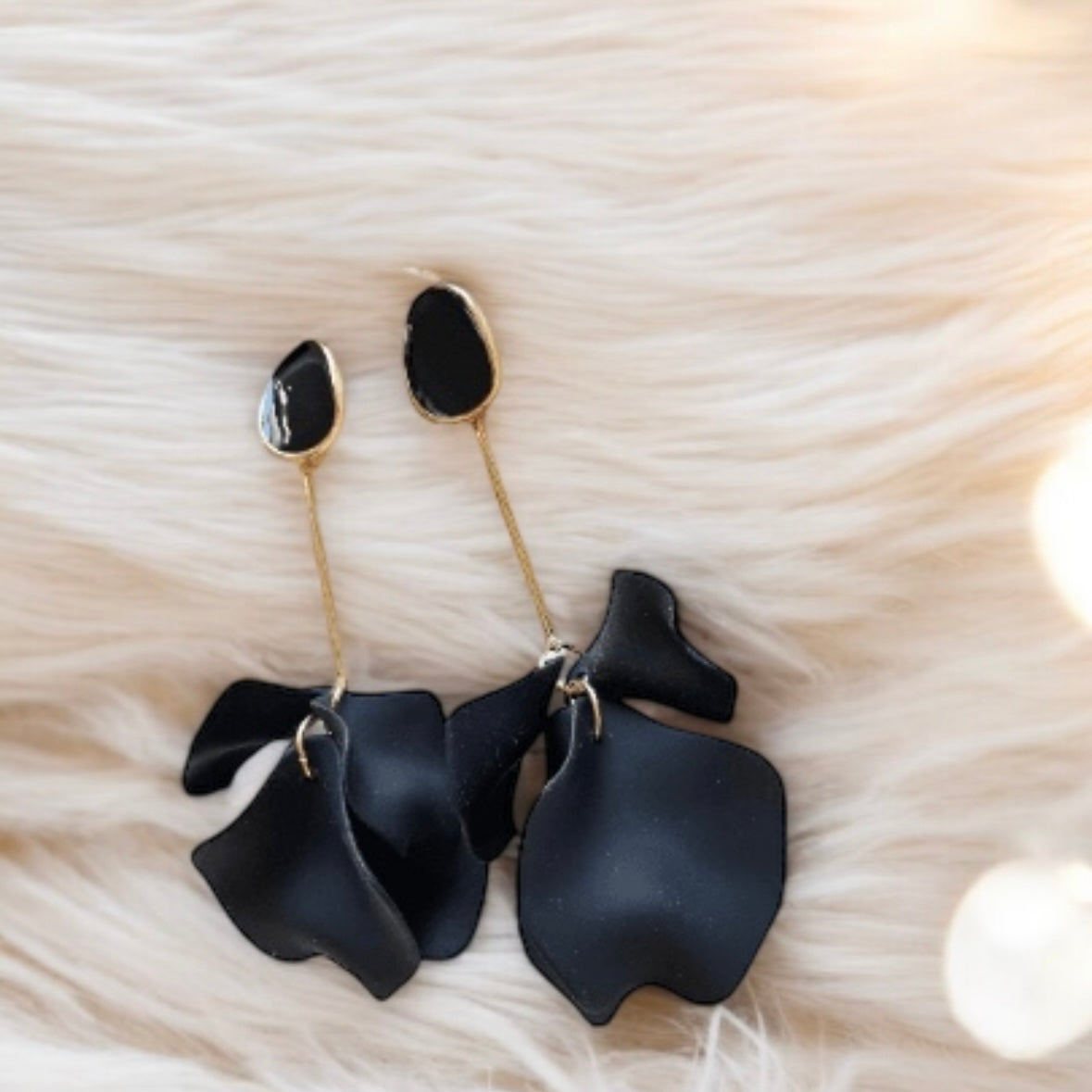 Pure black flowers earrings | frosted petals hoop earrings | statement earrings | golden crumpled geometric floral bridal earrings