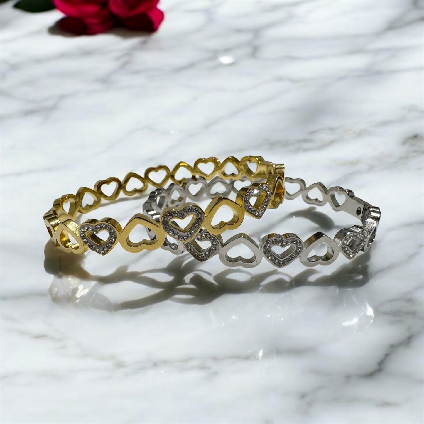 Gold or silver heart bangles | rhinestones embossed | shinny bangle