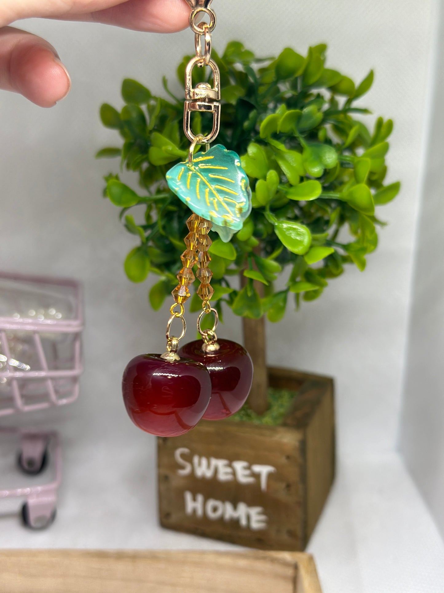 Cherry bag charm | key chain | golden chain with flowers and leaf