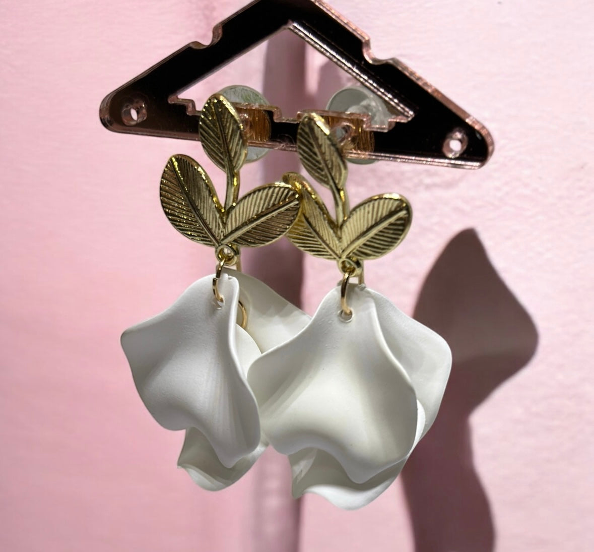 White matte flower earrings | golden leaf style earrings