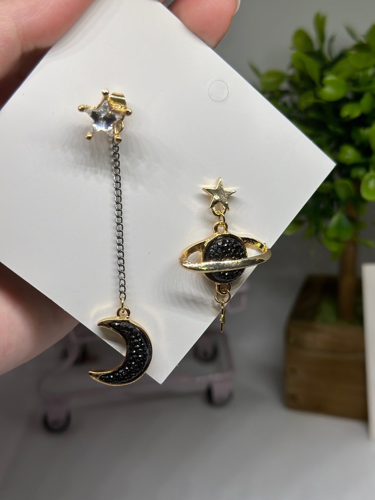 Celestial statement earrings | black diamante moon & stars chain earrings | korean Galaxy planets dangle earrings |gold mismatch earrings