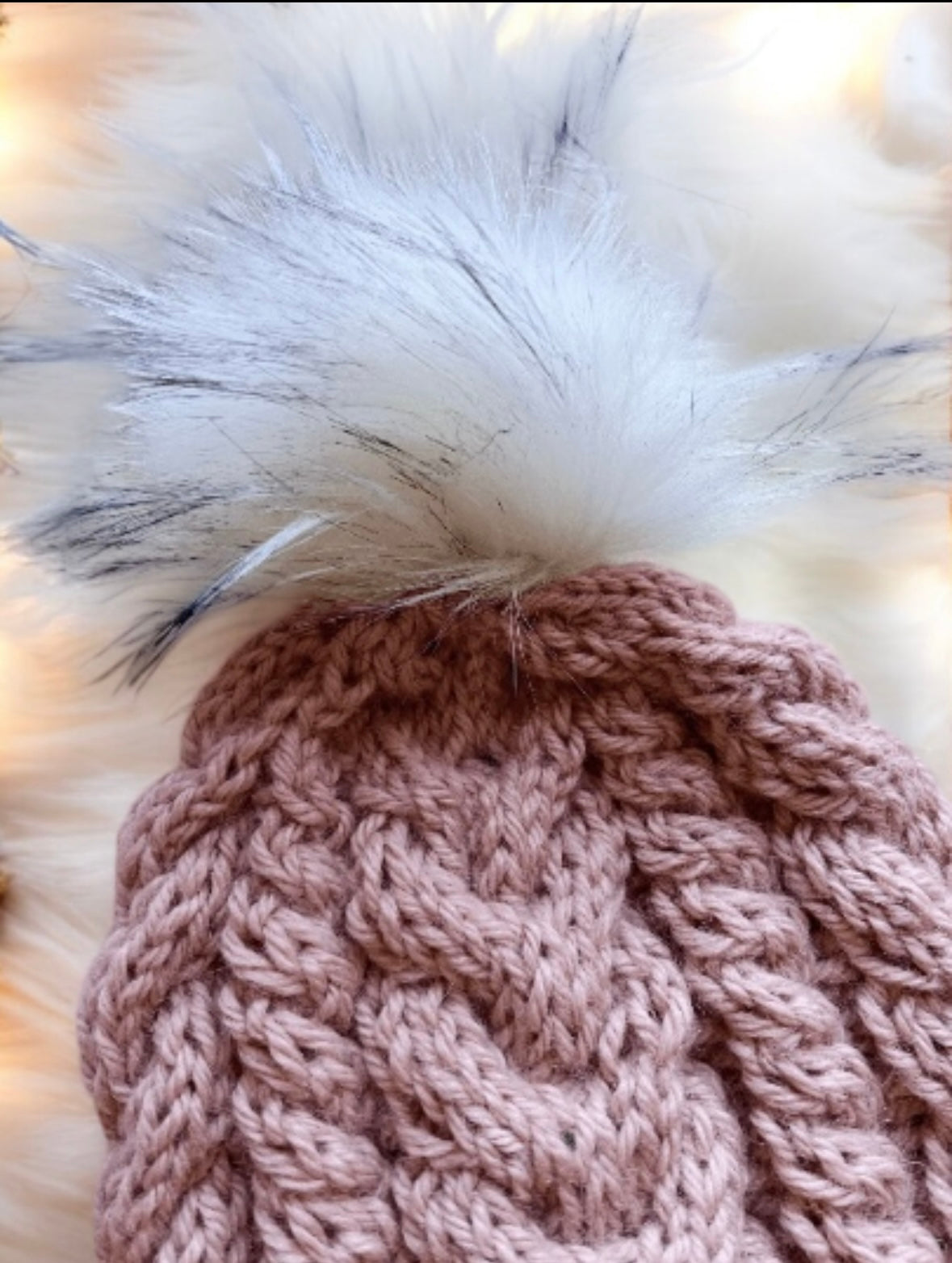 Handknit Cable Brim Beanie | Knit Beret | Slouchy Hat in nude pink | Knit beanie in pinkish beige | Fluffy cozy fur pom pom winter hat