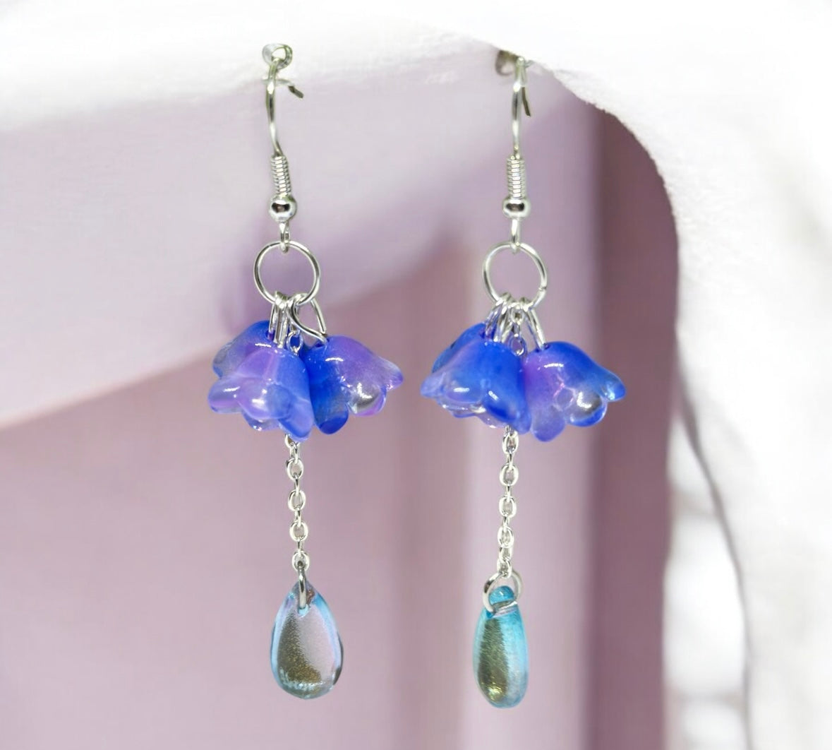 Purple blue flower earrings | golden leaf mini flower earrings | elegant floral dangle chain earrings