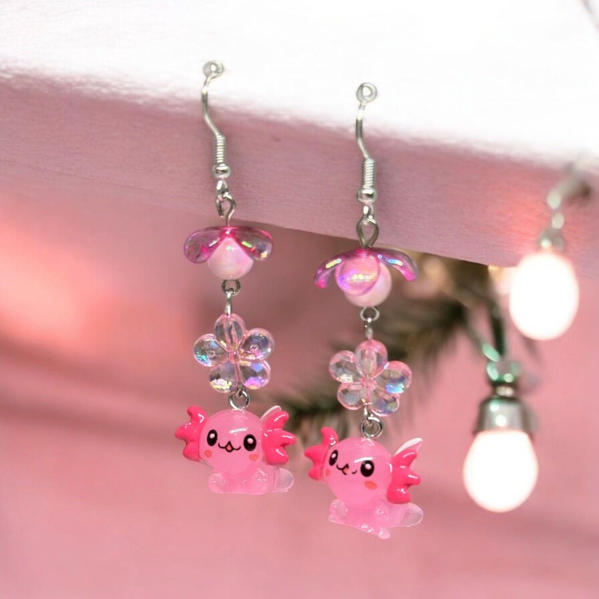 Pink Axolotl earrings | 3d dangle earrings | sea creature earrings