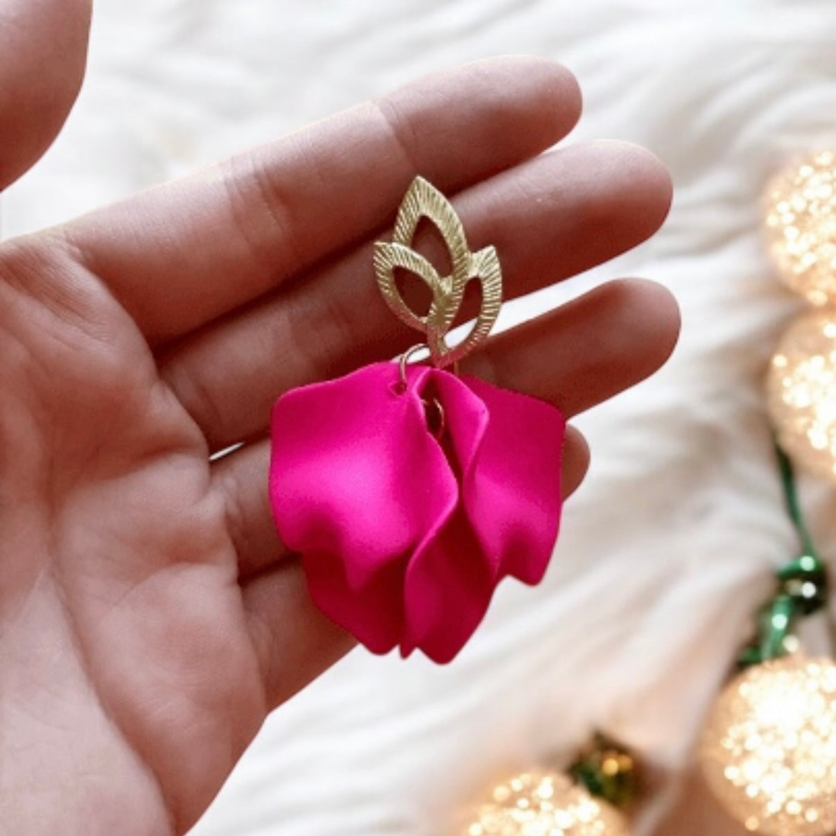 Hot pink petal flower earrings dangle matte petals floral earrings | golden leaf party wedding bridal earrings